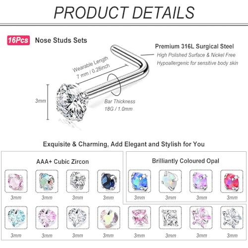 SEEDRILL Nose Rings Studs for Women 16Pcs 20G/18G Nose Studs Hypoallergenic 316L Surgical Steel Nose Piercings Jewelry 3mm CZ & Opal Nose Ring L Shape Nose Stud 20 Gauge Nose Screw Studs - style: 18G/L Shape/Colorful CZ