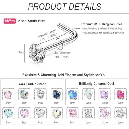 SEEDRILL Nose Rings Studs for Women 16Pcs 20G/18G Nose Studs Hypoallergenic 316L Surgical Steel Nose Piercings Jewelry 3mm CZ & Opal Nose Ring L Shape Nose Stud 20 Gauge Nose Screw Studs - style: 18G/L Shape/Colorful CZ
