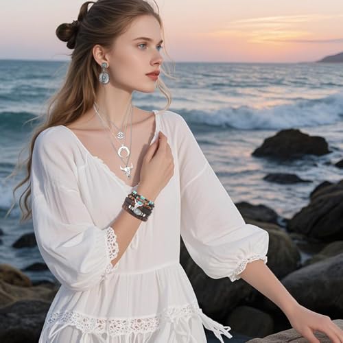 Western Jewelry Sets for Women Boho Jewelry, Layer Bohemian Necklace Earrings Bracelet, Cowgirl Accessory Rodeo Summer Beach - color: Silver, Brown