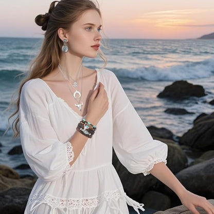 Western Jewelry Sets for Women Boho Jewelry, Layer Bohemian Necklace Earrings Bracelet, Cowgirl Accessory Rodeo Summer Beach - color: Silver, Brown