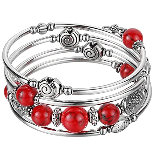 Beaded Pearl Bangle Wrap Bracelet - Fashion Bohemian Jewelry Multilayer Charm Bracelet with Thick Silver Metal Beads, Gift For Women - color: 13-Red