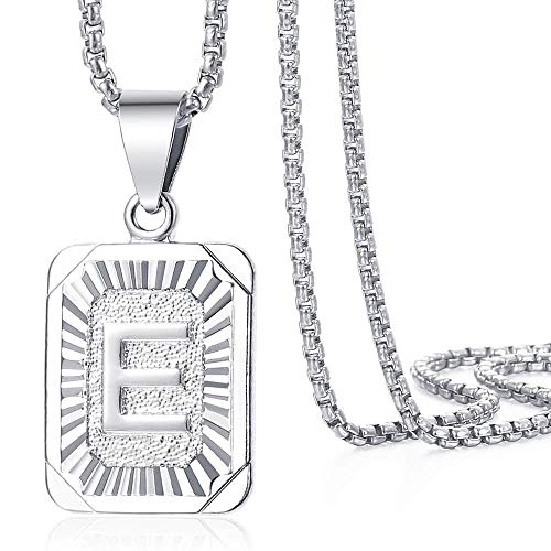 Trendsmax Initial Letter Pendant Necklace Mens Womens Capital Letter White Gold Plated A Z Stainless Steel Box Chain 22inch - style: E