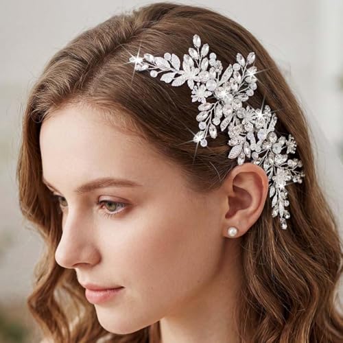 Rhinestone Wedding Hair Comb Gold Floral Bridal Hair Piece Crystal Hair Accessories for Women (Silver) - color: Silver