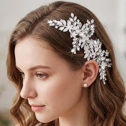 Rhinestone Wedding Hair Comb Gold Floral Bridal Hair Piece Crystal Hair Accessories for Women (Silver) - color: Silver