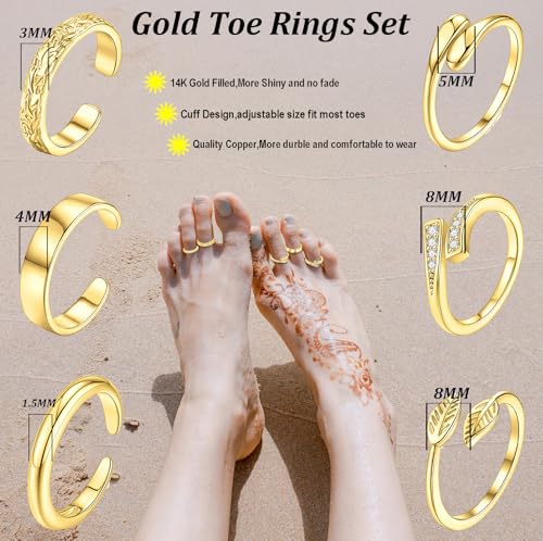 SONNYX 14K Gold Silver Toe Ring for Women | Non Tarnish Adjustable Simple Open Band Toe Rings Summer Beach Foot Jewelry for Women - color: Gold 1