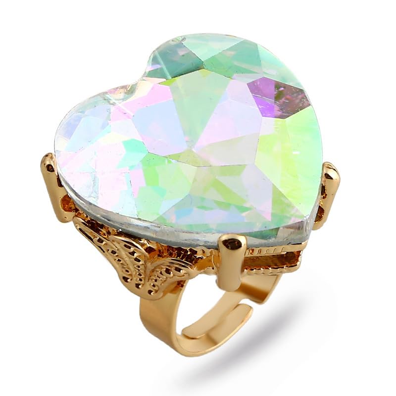 Mnyixsi Fashion Multi Color Big Crystal Heart Ring for Women, Open Adjustable Design Colorful Thick Heart Wedding Statement Ring, Shiny CZ Crystal Love Romantic Engagement Promise Ring Style 6 - color: Style 6