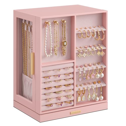SONGMICS GISELLA Collection - Jewelry Box Organizer 360° Rotating, Vertical Jewelry Storage Case with 5 Drawers, Glass Window, Spacious, Open Design, Great Gift, Pink UJBC170R01 - color: Jelly Pink, size: 5 Drawers (6.3"d X 8.7"w X 11.2"h)
