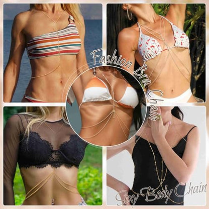 14K Gold Sexy Body Chains for Women Necklace Layered Bikini Bra Chain Crossover Belly Chain Rhinestone Summer Chest Chain Beach Prom Nightclub Body Chain Jewelry - style: Gold B