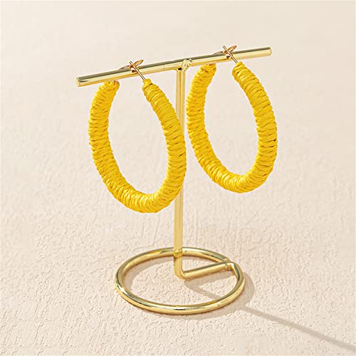 Handmade Rattan Earrings - Large Circle Braided Straw Wicker Drop Earrings - Light Weight Summer Hoops - color: H yellow