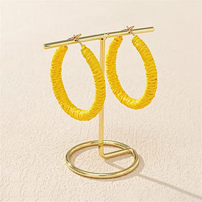 Handmade Rattan Earrings - Large Circle Braided Straw Wicker Drop Earrings - Light Weight Summer Hoops - color: H yellow