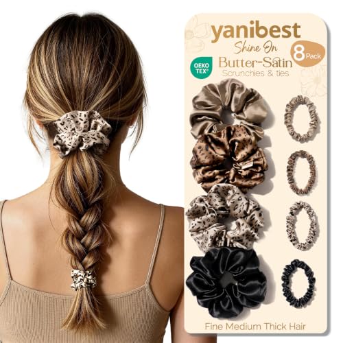 YANIBEST Satin Scrunchies, Prevent Breakage and Frizz, 8 Pack | Hair Ties No Damage For Women, Gentle on Hair, Sleep Workouts - color: Classic Neutrals