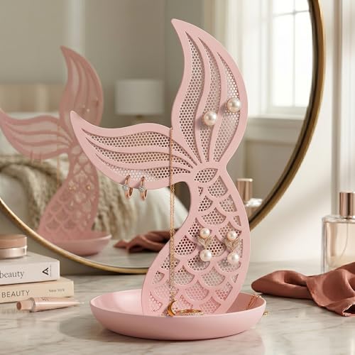 Earring Holder Organizer for Girls, Pink Mermaid Tail Metal Earring Stand with Tray for Rings, Bracelets and Necklaces, Cute Vanity Display - color: Pink Mermaid Tail