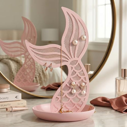 Earring Holder Organizer for Girls, Pink Mermaid Tail Metal Earring Stand with Tray for Rings, Bracelets and Necklaces, Cute Vanity Display - color: Pink Mermaid Tail