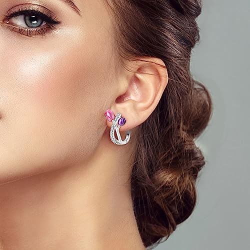 Parmuz 925 Sterling Silver Butterfly Huggies Hoop Earrings for Woman | Gold Plated Cubic Zirconia Star Moon cross Twisted huggie Hoop Post Chunky Small Tiny cuff Snake Heart Earring Gift for Her - color: Purple flower hoop earring