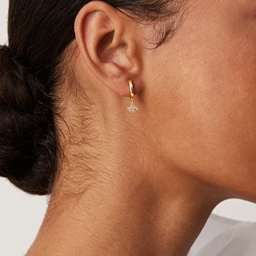 PAVOI 14K Gold Plated Huggie Hoop Earrings with Charms for Women - 925 Sterling Silver Posts Dainty Motif Huggie Hoop Dangle Earrings - Lightweight Dangle Drop Jewelry with Cubic Zirconia - style: Evil Eye