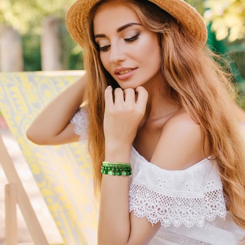 Vinswet 4pcs Beaded Bracelets for Women,Natural Healing Crystal Gemstones Bracelet,Anxiety Stress Relief Bracelet Handmade purple Jewelry Gifts for Women - color: Light green cat eyes&Dark green cat eyes&Green jade
