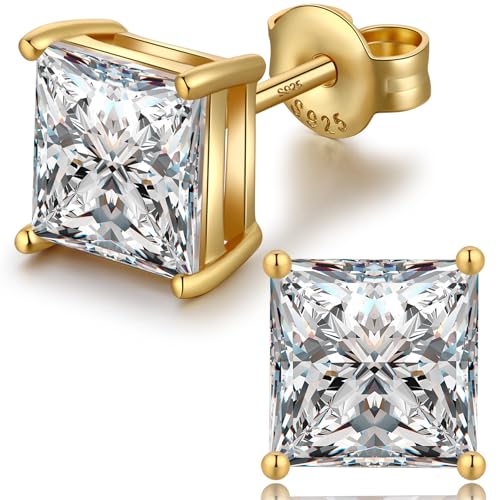 Jiamiaoi 18K White Gold Plated Stud Earrings 925 Sterling Silver Round and Square Cut Princess Cut 5A+ Cubic Zirconia Stud Earrings 4mm to 8mm Fashion Jewelry for Men Women - color: F-Square Cut Yellow, size: 6mm