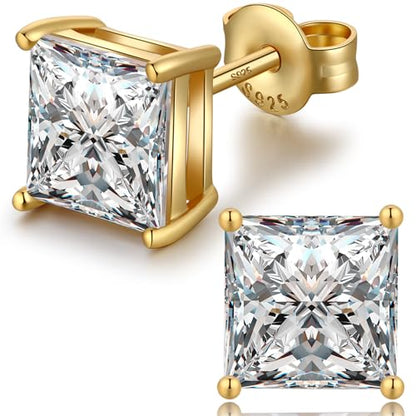 Jiamiaoi 18K White Gold Plated Stud Earrings 925 Sterling Silver Round and Square Cut Princess Cut 5A+ Cubic Zirconia Stud Earrings 4mm to 8mm Fashion Jewelry for Men Women - color: F-Square Cut Yellow, size: 6mm