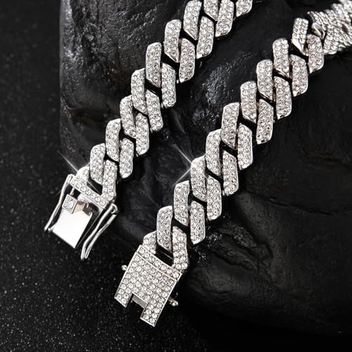 Mens Cuban Link Chain Iced Out Cuban Necklace 18K Gold & Silver Plated Chain For Men Women 14mm Hip Hop Jewelry - color: Silver, size: 20Inches