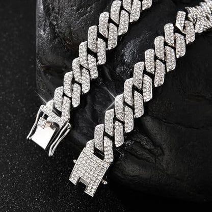 Mens Cuban Link Chain Iced Out Cuban Necklace 18K Gold & Silver Plated Chain For Men Women 14mm Hip Hop Jewelry - color: Silver, size: 20Inches