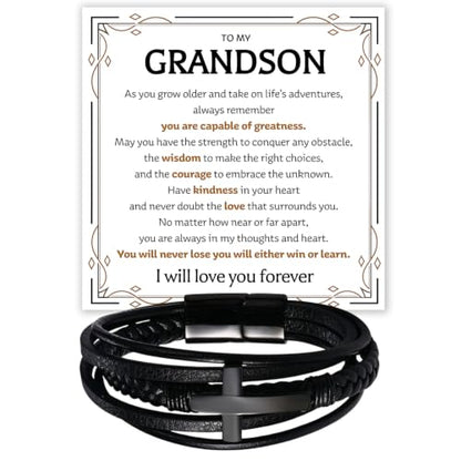 To My GrandSon Bracelet – Cross Braided Leather Bracelet, Meaningful GrandSon Gift from Grandpa & Grandma with Heartfelt Message Card & Elegant Gift Box for Birthday, Christmas, Graduation - color: Version#7