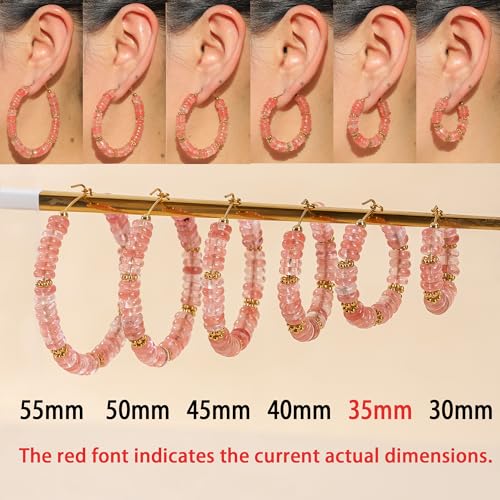Wellike Beaded Hoop Earrings for Women Natural Stone Pink Gold Huggie Earrings Hypoallergenic Dainty Waterproof Trendy Jewelry - color: Rose Pink, size: 35mm