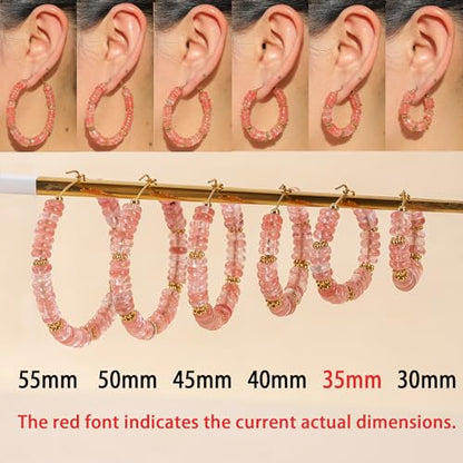 Wellike Beaded Hoop Earrings for Women Natural Stone Pink Gold Huggie Earrings Hypoallergenic Dainty Waterproof Trendy Jewelry - color: Rose Pink, size: 35mm