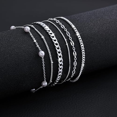 5Pcs Thin Silver Plated Bracelets Sets for Women Dainty | Silver Jewelry Trendy Stackable Rope Snake Box Figaro Chain Bracelets Pack Costume Fashion Gifts - style: 5Pcs BRACELET SET-03