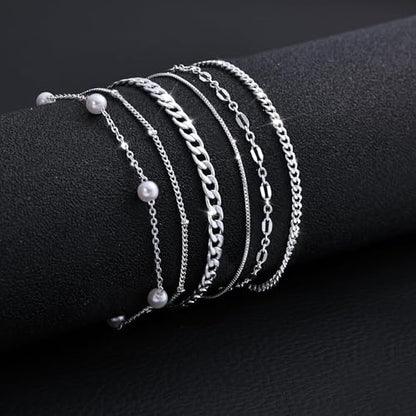 5Pcs Thin Silver Plated Bracelets Sets for Women Dainty | Silver Jewelry Trendy Stackable Rope Snake Box Figaro Chain Bracelets Pack Costume Fashion Gifts - style: 5Pcs BRACELET SET-03