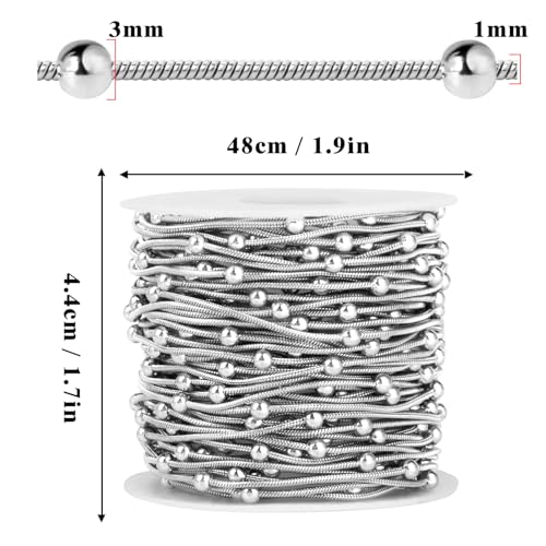 33FT 1mm Stainless Steel Satellite Snake Chain Roll Bulk for Jewelry Making | 304 Stainless Steel Beaded Round Snake Chains Spool for DIY Craft Necklace Bracelet - color: Big Beads Stainless Steel Satellite Snake Chains