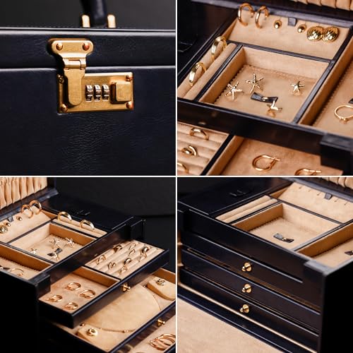 Time Resistance Leather Jewelry Box - Full Grain Leather Organizer, Accessories Storage with Key Lock for Women (Blue)