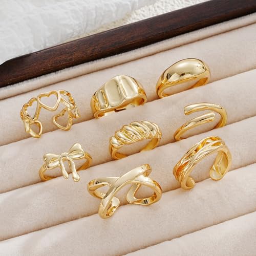 FAXHION 12PCS Gold Stackable Rings Set for Women, 18K Gold Plated Open Stacking Knuckle Ring, Adjustable Chunky Signet Band Statement Ring for Gift - color: 0-Gold Open