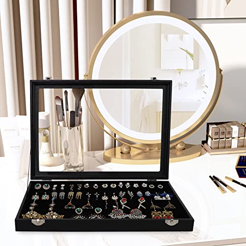 Wudygirl Earring Organizer Leather Jewelry Tray with Lid 13.7"x9.4" Black | 32 Pairs Jewelry Organizer with Velvet Liner, Ideal for Jewelry Storage, Dresser Drawer or Gift, Dustproof Design - style: Earrings Tray