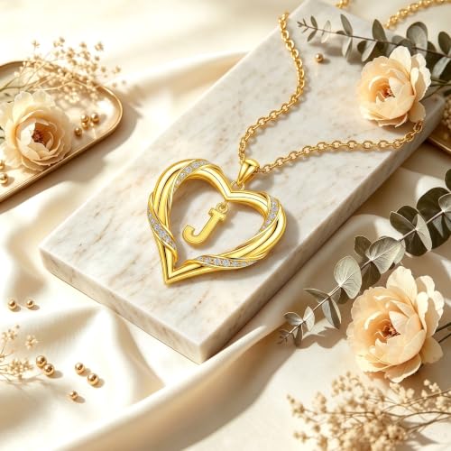 Midari 18K Gold Initial Letter Necklace for Women 18K Gold Initial Heart Capital Monogram Necklace for Mom Wife Alphabets from A-Z - color: J