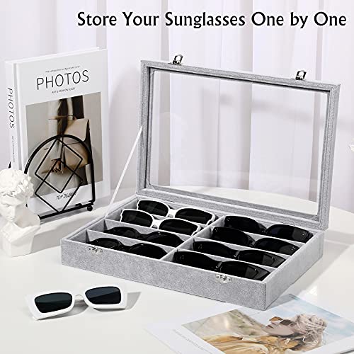 Emibele Glasses Organizer Jewelry Tray, 8 Grids with Clear Lid Velvet Tray Watch Storage Stackable Jewelry Showcase Display Storage with Detachable Inner Dividers - Grey - style: G1- eight Grids with Lid