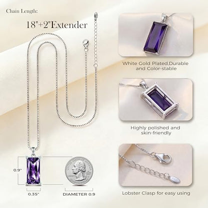 8mm x 16mm Square Birthstone Pendant Necklace – Fashion charming Sterling Silver Gift for women - color: February