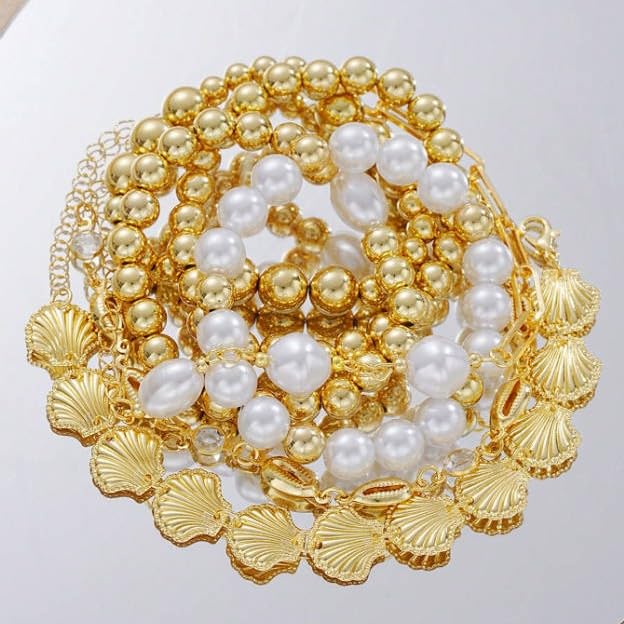 7-Piece Beaded Seashell Scallop Faux Pearl Bracelet Set, Elegant Stackable Hand Jewelry for Women - color: Gold, size: One Size
