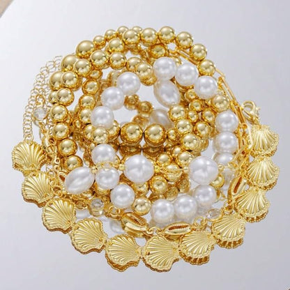 7-Piece Beaded Seashell Scallop Faux Pearl Bracelet Set, Elegant Stackable Hand Jewelry for Women - color: Gold, size: One Size