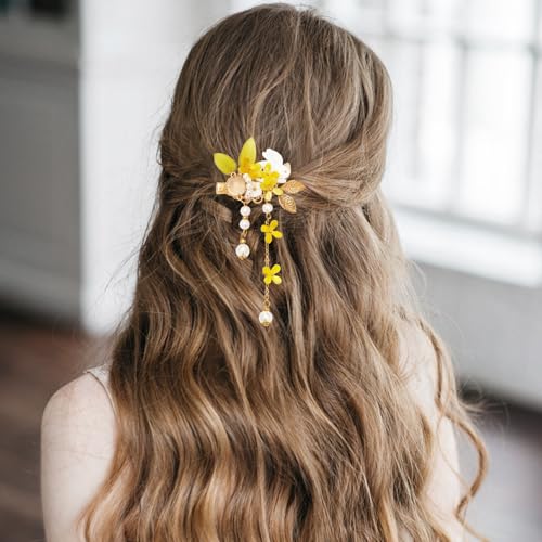 A Pair Wedding Hair Clips, Handmade Floral Design Crystal Hair Clips Pearl Barrettes, Rhinestones Flower Clips Pearl Headpieces Hair Pins Hair Accessories for Women Girls (Yellow) - color: Yellow