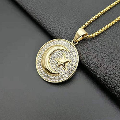 Star and Moon Circle Pendant Necklace for Men and Women, Retro Circle Charm Jewelry, Fashion Jewelry, Daily Wear, Birthday Gifts