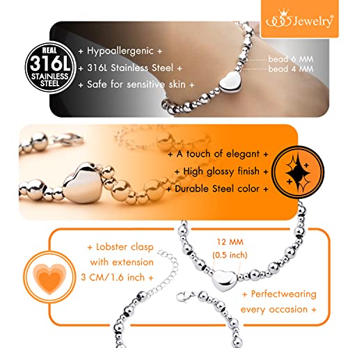 555Jewelry Stainless Steel Beads & Puffed Heart Charm Bracelet for Women & Ladies - color: Silver