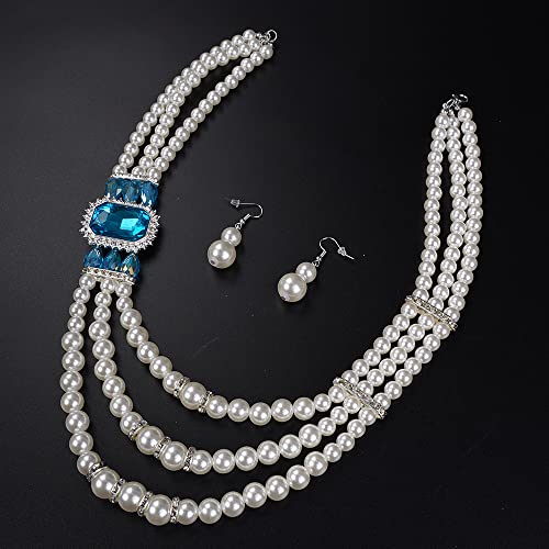Aimimier 1920s 3-layered White Faux Pearl Necklace and Earrings Set with Crystal and Rhinestone Bridal Long Pearl Necklace Statement Women Jewelry - color: Aqua blue