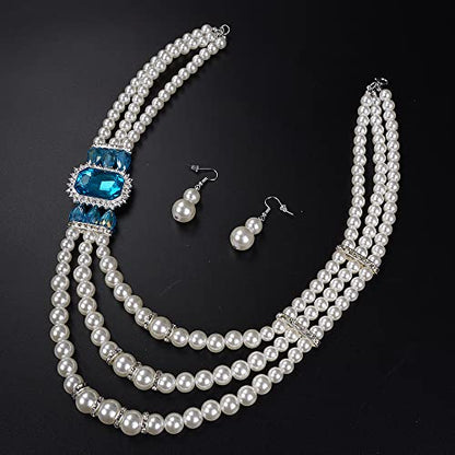 Aimimier 1920s 3-layered White Faux Pearl Necklace and Earrings Set with Crystal and Rhinestone Bridal Long Pearl Necklace Statement Women Jewelry - color: Aqua blue