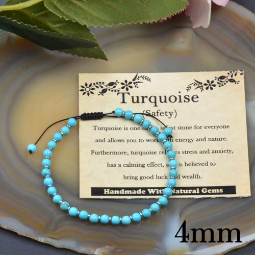 468Handmade Adjustable Natural Gemstone Crystal Bracelet Healing Power Energy Inspirational Gifts with Card for Unisex - color: 25-Turquoise (Safety), size: 4mm