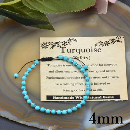 468Handmade Adjustable Natural Gemstone Crystal Bracelet Healing Power Energy Inspirational Gifts with Card for Unisex - color: 25-Turquoise (Safety), size: 4mm