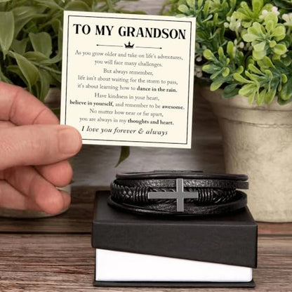 To My GrandSon Bracelet – Cross Braided Leather Bracelet, Meaningful GrandSon Gift from Grandpa & Grandma with Heartfelt Message Card & Elegant Gift Box for Birthday, Christmas, Graduation - color: Version#6