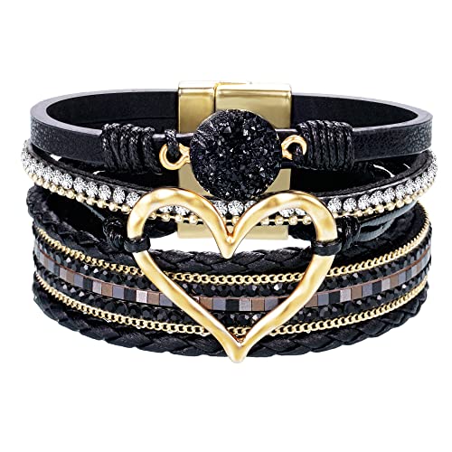 Bracelets for Women, Gifts for Mom Her Christmas Gift 2026 Leather Bracelets for Women Birthday Gift for Daughter Inspirational Wrap Bracelet Sister Friend Teen Girl Gift Layered Stocking Stuffers Jewelry - style: Black - Heart