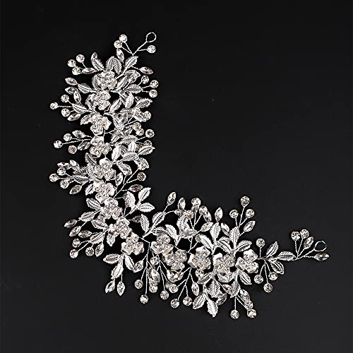 Silver Hairband for Wedding, Big Flower Vine Leaf Headband Rhinestone Headpiece for Bride Bridesmaid Flower Girl Wedding Prom Birthday Party - color: Silver
