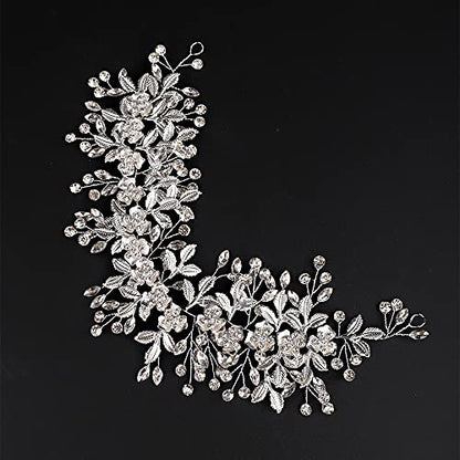 Silver Hairband for Wedding, Big Flower Vine Leaf Headband Rhinestone Headpiece for Bride Bridesmaid Flower Girl Wedding Prom Birthday Party - color: Silver
