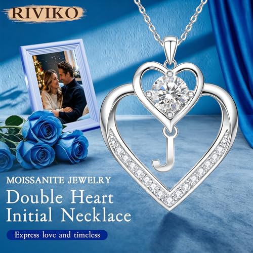 RIVIKO 1 Carat Moissanite Heart Initial Necklace for Women,Letter Pendant | 925 Sterling Silver Chain,Personalized Jewelry,Anniversary Birthday Gifts for Wife Friend Mom - color: Letter J